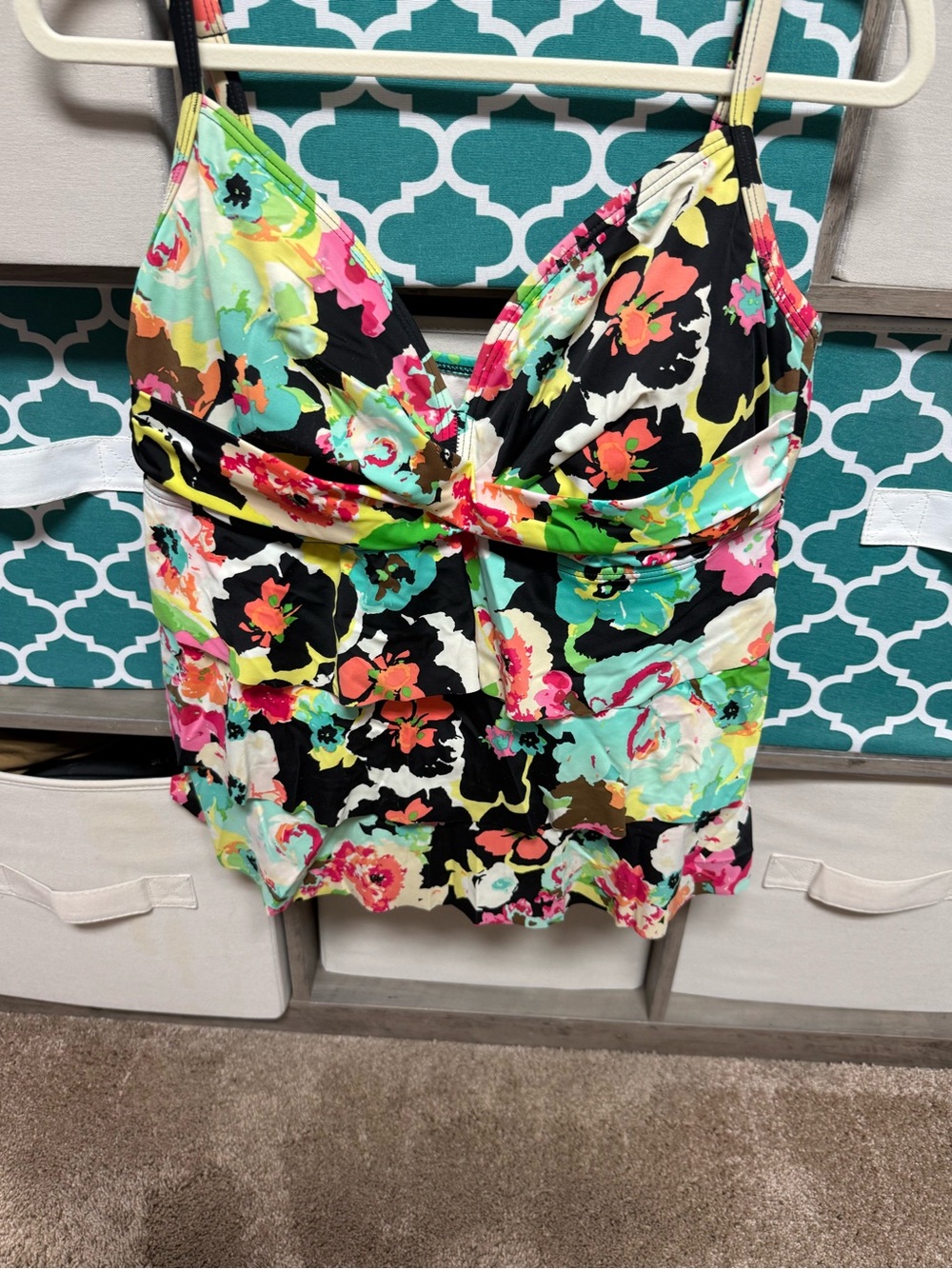 24th & Ocean Black Floral Swim Camisole with Bright Multi-Color Print